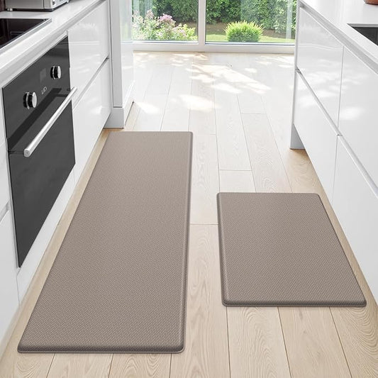 StepLively Kitchen Mat, 2 PCS Kitchen Rugs, Cushioned Kitchen Mats for Floor, Anti Fatigue Kitchen Rug Set, Non-Skid Standing Mat for Kitchen, Office, Sink, 17.3"×30"+17.3"×47", Khaki