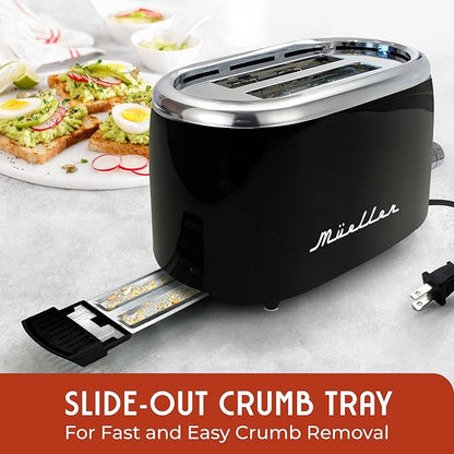 MUELLER HOME Retro Toaster 2 Slice, 7 Browning Levels, 3 Functions (Reheat, Defrost, Cancel), Stainless Steel Features, Removable Crumb Tray, Under Base Cord Storage, Black