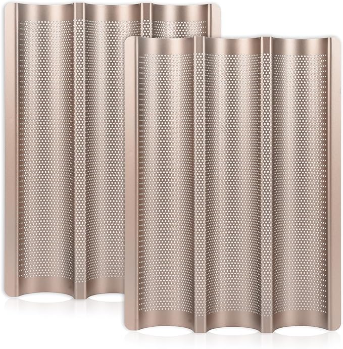 Baguette Pans for Baking 15" x 11", Carbon Steel 3 Loaf Nonstick Baguette Baking Tray for French & Italian Perforated French Bread Pan (2pack - Gold)