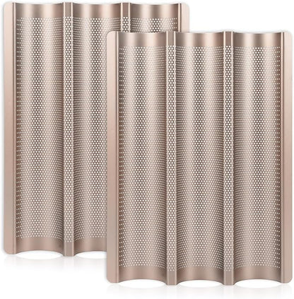 Baguette Pans for Baking 15" x 11", Carbon Steel 3 Loaf Nonstick Baguette Baking Tray for French & Italian Perforated French Bread Pan (2pack - Gold)
