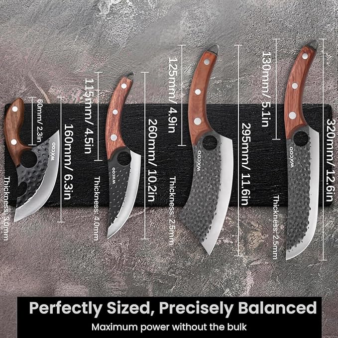 4PCS Hand Forged Kitchen Knife Set with Sheaths, High Carbon Steel Viking Butcher Knife Set, Serbian Chef Cleaver, Heavy Duty Boning Knife & Slicing Knife for Outdoor BBQ, Camping, Hunting