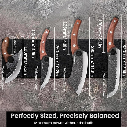 4PCS Hand Forged Kitchen Knife Set with Sheaths, High Carbon Steel Viking Butcher Knife Set, Serbian Chef Cleaver, Heavy Duty Boning Knife & Slicing Knife for Outdoor BBQ, Camping, Hunting