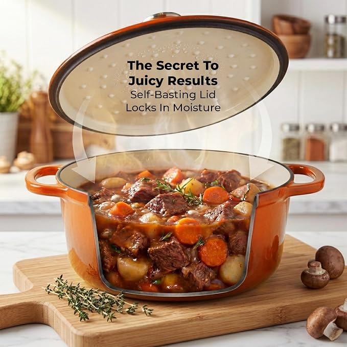Zulay Kitchen 5 Quart Enameled Cast Iron Dutch Oven Pot with Lid – Premium Durability & Oven Safe up to 500°F – Heavy Duty Cookware Perfect for Bread Baking, Stews, Braising & Roasting – Orange