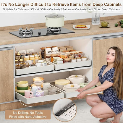 2Pc Pull out Cabinet Organizer,Width (16"-21") and Depth(13"-17"),Expandable With 3 Rails, Cabinet Roll out Drawers,Adjustable Slide out shelves for Kitchen and Pantry,for Cabinets Without Lip,White