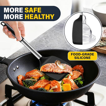 Silicone Spatula Set, Heat Resistant Solid & Slotted Turner for Non-Stick Pans, Silicone Cooking Utensils Set, BPA-Free, Flexible Spatula Turner for Flipping Eggs, Burgers, Pancakes, Black, 3 PCS-A