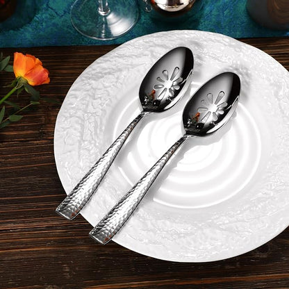 KEAWELL Premium Louis Hammered Serving Utensils, 18/10 Stainless Steel, Squared Edge Design, Mirror Finish, Dishwasher Safe (Slotted Spoons, Set of 2)