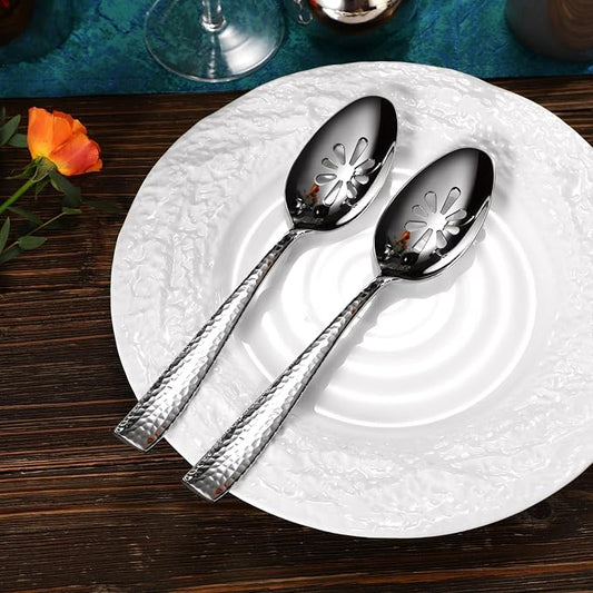 KEAWELL Premium Louis Hammered Serving Utensils, 18/10 Stainless Steel, Squared Edge Design, Mirror Finish, Dishwasher Safe (Slotted Spoons, Set of 2)