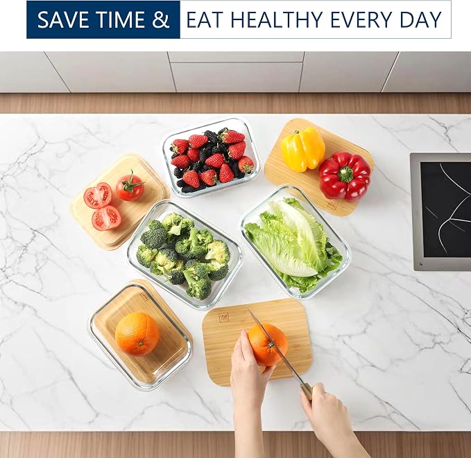 DE Plastic-Free Glass Storage Containers (3-Pack, 51oz) with Bamboo Lids – Eco-Friendly, Airtight, Reusable – Oven, Microwave & Dishwasher Safe – BPA-Free & Sustainable.