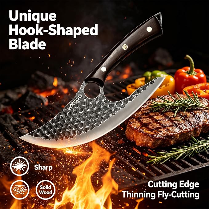 Ulu Knife with Sheath - Ultimate - Hand Forged Caveman Ultimo Knife with Full Tang Ergonomic Wooden Handle & Copper Inlay - BBQ Knives for Vegetables, Fruit, Pizza, and Outdoor Adventures
