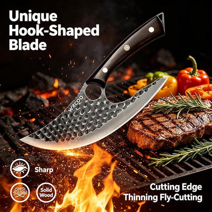 Ulu Knife with Sheath - Ultimate - Hand Forged Caveman Ultimo Knife with Full Tang Ergonomic Wooden Handle & Copper Inlay - BBQ Knives for Vegetables, Fruit, Pizza, and Outdoor Adventures