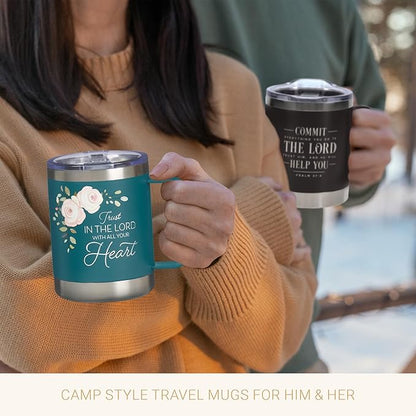 Christian Art Gifts Reusable Stainless Steel Double Wall Vacuum Insulated Camp Style Travel Mug w/Handle for Women: Trust in the Lord Inspirational Bible Verse, BPA-free Retractable Lid, Teal, 11 oz.
