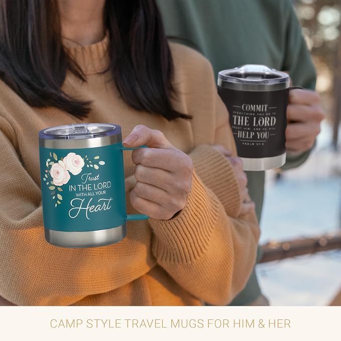 Christian Art Gifts Stainless Steel Double Wall Vacuum Insulated Camp Style Travel Mug 11 oz Gray Coffee Mug with Lid and Handle for Men and Women - All Through Christ -Philippians 4:13