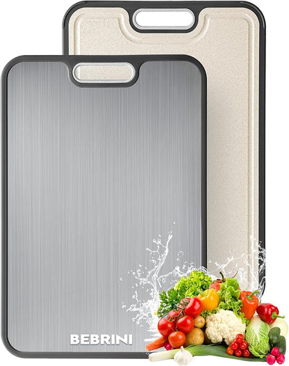 Stainless Steel Cutting Board for Kitchen, Non Toxic Double Sided Cutting Board, Food Grade Pure Stainless Steel & Wheat Straw PP, Meat & Vegetable Chopping Boards, Scratch Resistant, Large 16”×11”