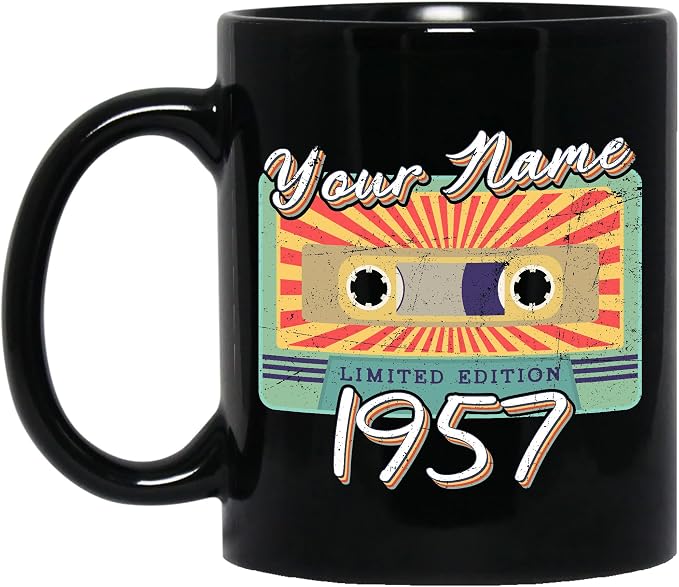 Personalized Vintage Cassette Tape Vintage 1957 Mug, Custom Your Name, 1957 Retro Coffee Mug, 65th Birthday Present Gifts, 1957 Birthday Gift For Friends Family, Customizable Black Tea Cups