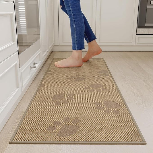 YDKGL Kitchen Mats for Floor, Super Absorbent Kitchen Rugs Non Slip Washable, Rubber Backing Soft Woven Linen Embroidery Runner Rug, Standing Mat Kitchen Sink Mat, Easy to Clean, Brown 17x47