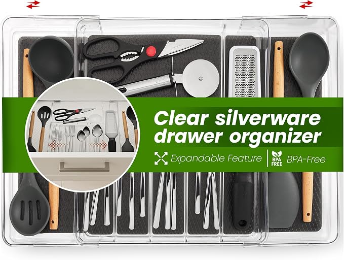 Masirs Expandable Utensil Drawer Organizer - BPA-Free Plastic Clear Silverware Tray with Multiple Compartments - Non-Slip Cutlery Storage for Kitchen, Bathroom, or Office Drawers (Black)
