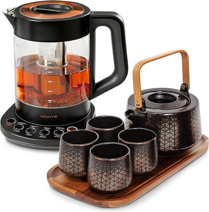Viante Luxury Tea Set, Electric Kettle with Infuser, No Plastic In Contact With Water, 1.5L Borosilicate Glass, Ceramic Teapot, 4 Ceramic Cups, Bamboo Tray, Gift Box for Tea Lovers