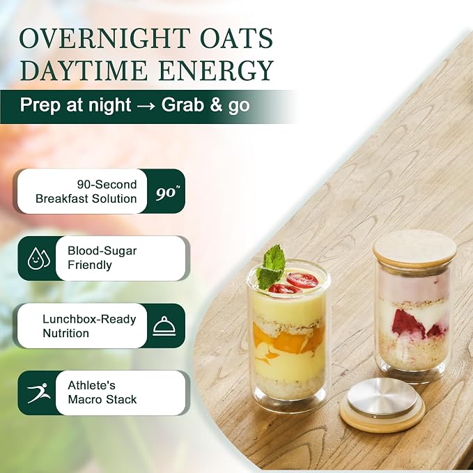 LIBWYS 4 Pack Overnight Oats Containers with Bamboo & Stainless Steel Lids, 15oz Meal Prep Jars - Double Walled High Borosilicate Glass jars for Overnight Oats, Chia Pudding， Salad