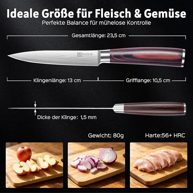 PAUDIN Utility Knife, 5 Inch Chef Knife, Ultra Sharp High Carbon Stainless Steel, Multipurpose Paring Knife for Fruit and Vegetable Cutting with Wooden Handle, Premium Gift Box