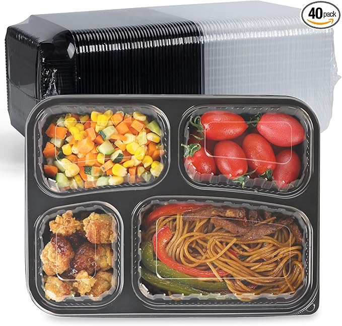40 Pack 34oz 4-Compartment Bento Box - Shrink-Wrapped No Pre-Wash | Leak-Resistant Takeout Containers | BPA Free Shatterproof Flexible PP | Microwave Safe To Go Box, Bulk Leftover Storage