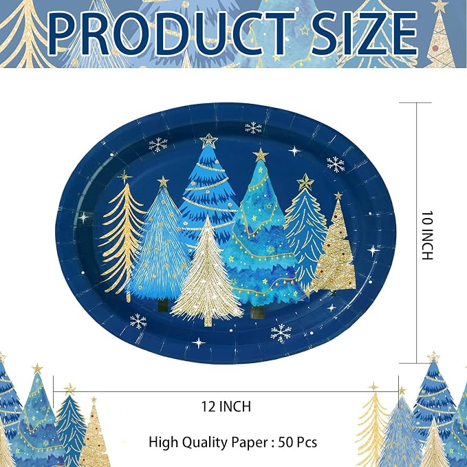 50Pcs Blue Christmas Tree Oval Plates 10” x 12” Christmas Tree Heavy Duty Oval Paper Plates Santa Party Tableware Supplies for Winter Xmas Holiday Party Decorations