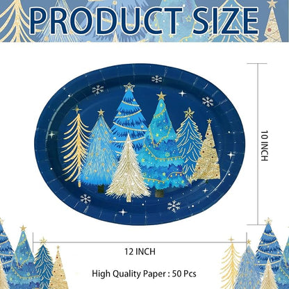 50Pcs Blue Christmas Tree Oval Plates 10” x 12” Christmas Tree Heavy Duty Oval Paper Plates Santa Party Tableware Supplies for Winter Xmas Holiday Party Decorations