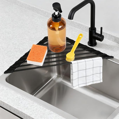 Triangle Roll Up Dish Drying Rack Over The Sink, Anti-Rust with Full Silicone-Coated Stainless Steel Frame Fits, Organizer for Kitchen