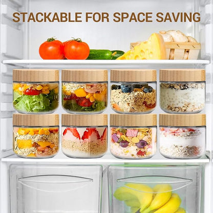 AMEITECH 4 Pack 10 oz Overnight Oats Containers with Bamboo Lids, Reusable Glass Food Storage Jars with Airtight Lids, Wide Mouth Mason Jars for Snack Yogurt Fruit Salad