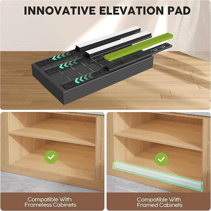 Seinloes 2 Pack Pull Out Cabinet Organizers 21" Deep With Raising Pad for Framed Cabinets, Expandable Width (9"-14") Slide Out Drawers Upgrade 3 Slide Rails, Roll Out Shelves Adhesive, Black