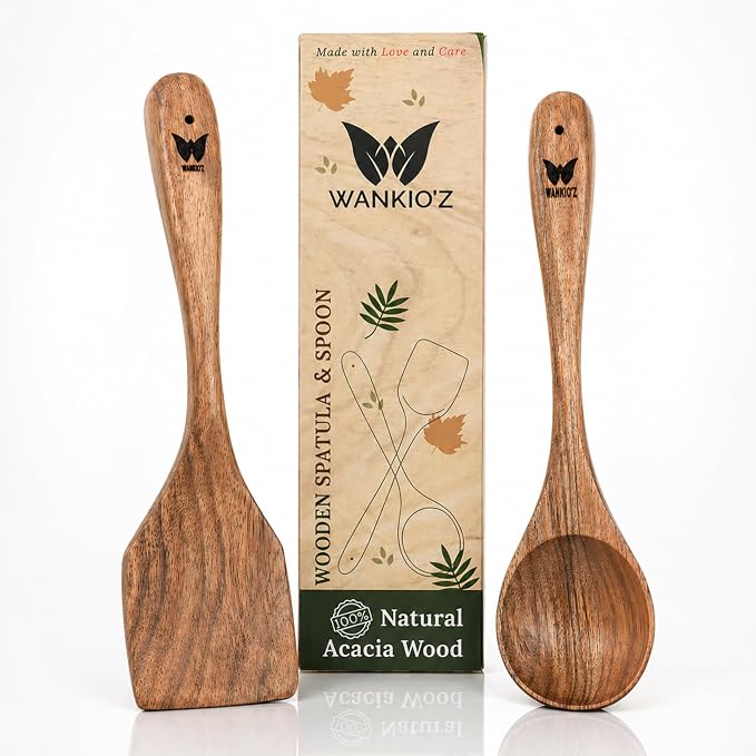 WANKIO'Z Acacia Wood Kitchen Utensil Set – 12" Handcrafted Wooden Spatula & Spoon | Complete Cooking & Serving Set | Safe for Nonstick Cookware | Premium Gift-Ready Packaging