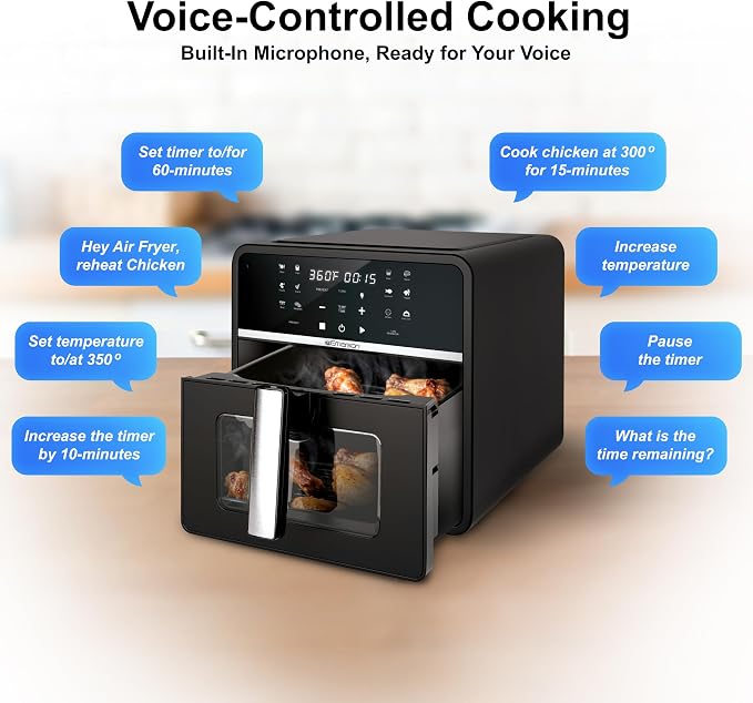Emerson SmartVoice 10QT 6-in-1 Air Fryer, 1000+ Voice Control Commands, 100+ Recognized Food, No APP, No WIFI, No Setup, Nonstick Basket, Air Fry, Bake, Reheat, Dehydrate, 1700W