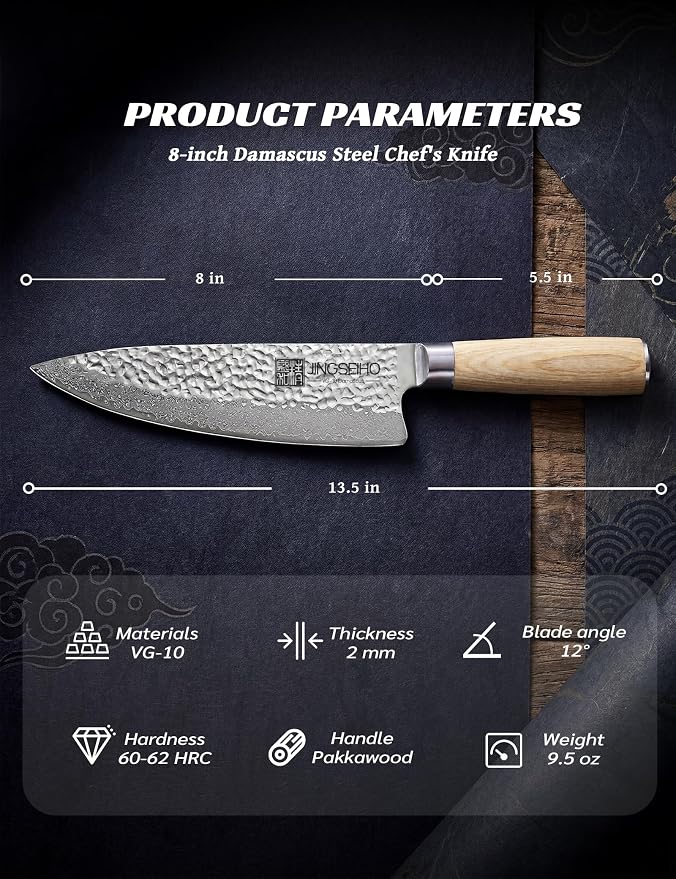 Damascus Chef Knife 8 Inch - VG-10 67-Layer Forged Steel,Lab Tested Razor-Sharp Edge and Long-lasting,Ergonomic Balance, Easy-Care Kitchen Gyuto Cutlery for Home Cooks