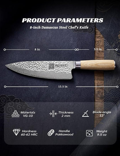Damascus Chef Knife 8 Inch - VG-10 67-Layer Forged Steel,Lab Tested Razor-Sharp Edge and Long-lasting,Ergonomic Balance, Easy-Care Kitchen Gyuto Cutlery for Home Cooks