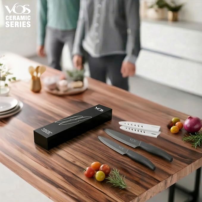 Vos ceramic knives set for kitchen in gift box, set of 2 ceramic knife with cover, 5.5" santoku & 4.5" utility for home cooks, Ultra Sharp, lightweight, rust-free, dishwasher safe (Black handle)
