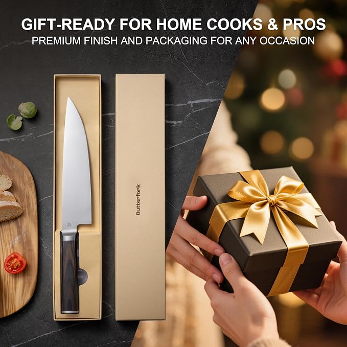 8 Inch Chef Knife, High-Carbon Stainless Steel Kitchen Knives with Pakkawood Handle, Ultra Sharp Cooking Knife for Meat & Vegetables, Gift for Home Cooks & Chefs
