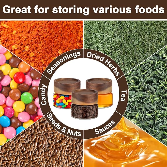 Glass Jars with Airtight Lid, 4 Pack 3oz 80ml Spice Jars with Wooden Lids, Screw Top Covers Glass Coffee Canisters, Small Storage Containers for Sugar, Loose Tea, Beans, Nuts, Candy, Sauce