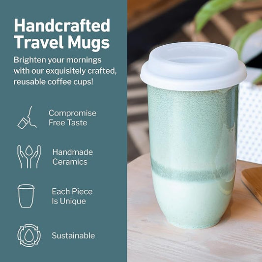 NOVA CERAMICS Coffee Travel Mug – Reusable Coffee – Microwave & Dishwasher Safe Coffee Green Tumbler - Gifts For Women Men Him Her – 16oz – Emerald