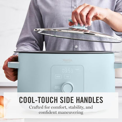 Martha Stewart 8 QT Slow Cooker, Programmable with Timer, 3 Heat Settings (Low, High, Warm), Nonstick Ceramic Removable Crock, Stovetop & Oven Safe, Glass Lid, Simmer, Reheat, Warm, Sky