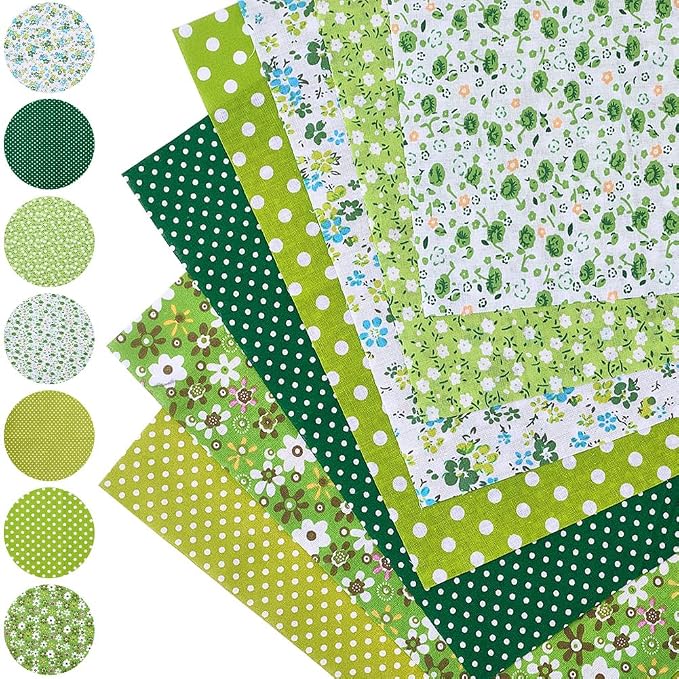 7Pcs Green Patchwork Squares Fabric Flower Polka Dot Print Soft Cotton Square Fabrics Floral Printed Vintage Cloth Bundle for Sewing Making Clothing Dress Decor Scrapbooking Diy Craft Supply