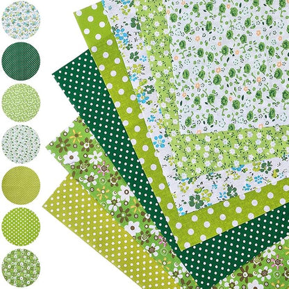 7Pcs Green Patchwork Squares Fabric Flower Polka Dot Print Soft Cotton Square Fabrics Floral Printed Vintage Cloth Bundle for Sewing Making Clothing Dress Decor Scrapbooking Diy Craft Supply