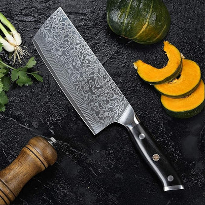 TURWHO Professional Nakiri Knife 7 Inch - Classic Damascus pattern Japanese VG-10 Steel Chef Knives