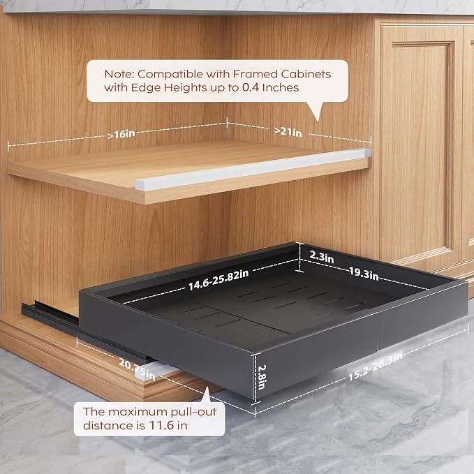 Seinloes 2 Pack Pull Out Cabinet Organizers 21" Deep With Raising Pad for Framed Cabinets, Expandable Width (15.2"-26.3") Slide Out Drawers Upgrade 3 Slide Rails, Roll Out Shelves Adhesive, Black