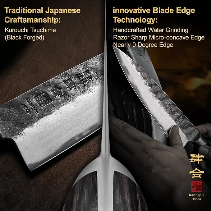kanngou 8 Inch Chef Knife, Japanese Chefs Knife Black Forged Kitchen Knife with AUS-8 Alloy Steel and Full Tang Pakkawood Handle, Christmas Gift with Premium Box