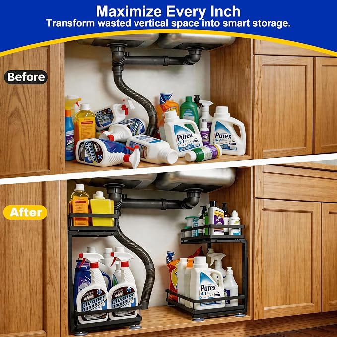 Under Sink Organizer, Dual-Rail Ball-Bearing, Under Kitchen Sink Organizer, 6-Level Adjustable, Under Cabinet Organizer, No-Drill Adhesive/Suction, Under Sink Storage (Black, Double Layer - 1 Pack)