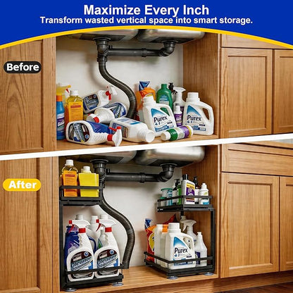 Under Sink Organizer, Dual-Rail Ball-Bearing, Under Kitchen Sink Organizer, 6-Level Adjustable, Under Cabinet Organizer, No-Drill Adhesive/Suction, Under Sink Storage (Black, Double Layer - 2 Pack)
