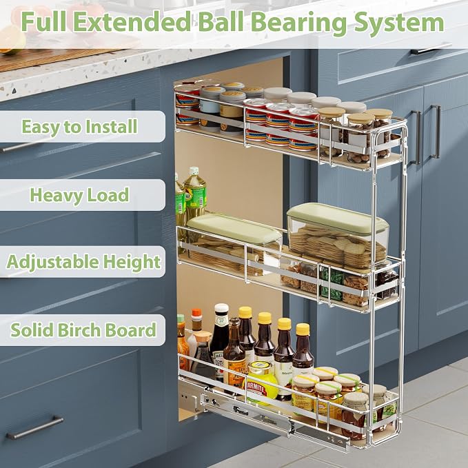 ROOMTEC 3-Tier Pull Out Cabinet Organizer Spice Rack for Narrow Cabinet 7" W x 20½" D, Slide Out Wood Shelves Storage for Kitchen