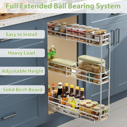 ROOMTEC 3-Tier Pull Out Cabinet Organizer Spice Rack for Narrow Cabinet 7" W x 20½" D, Slide Out Wood Shelves Storage for Kitchen