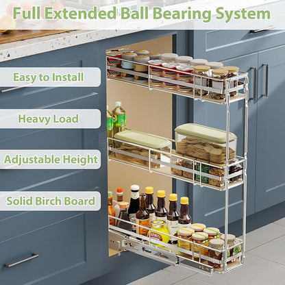 ROOMTEC 3-Tier Pull Out Cabinet Organizer Spice Rack for Narrow Cabinet 5" W x 20½" D, Slide Out Wood Shelves Storage for Kitchen