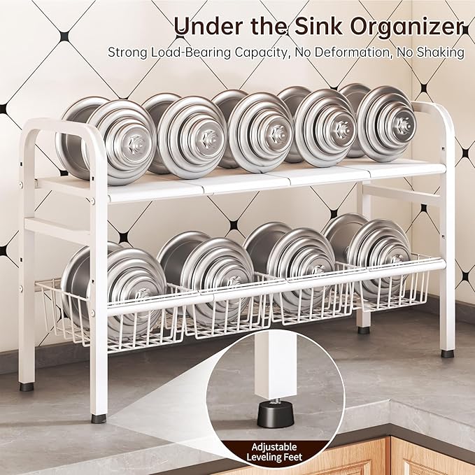Under Sink Organizers and Storage, 2 Tier Expandable Length Adjustable Height Under Sink Organizer, Easy Assembly Heavy Duty Carbon Steel Space Saving Under Cabinet Shelf Storage Rack
