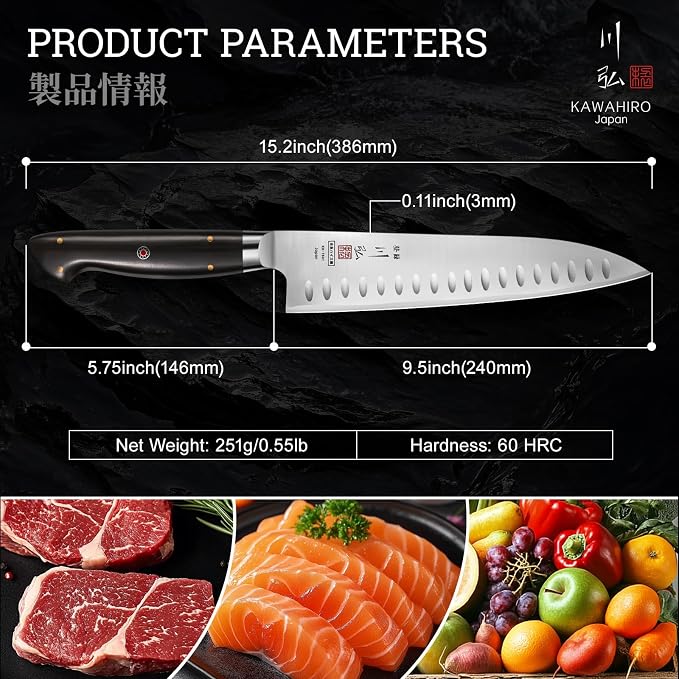 Professional Chef Knife, 9.5" Handcrafted Japanese Chef Knife for Efficient Kitchen, Japan High Carbon Alloy Steel Gyuto Knife with Hollow Blade, Premium Rosewood Handle, Cooking Gift for Men Women